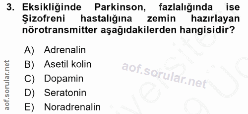 3. soru: Eksikliğinde Parkinson, fazlalığında ise Şizofreni hastalığına zemin hazırlayan nörotransmitter aşağıdakilerden hangi…