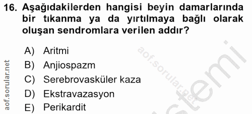 16. soru: Aşağıdakilerden hangisi beyin damarlarında bir tıkanma ya da yırtılmaya bağlı olarak oluşan sendromlara verilen addır…