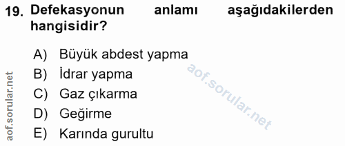 19. soru: Defekasyonun anlamı aşağıdakilerden hangisidir? A) Büyük abdest yapma B) Idrar yapma rular.n C) Gaz çıkarma aof.s D)…