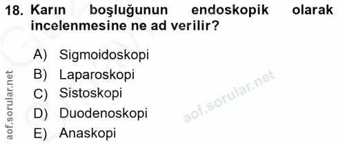 18. soru: Karın boşluğunun endoskopik olarak incelenmesine ne ad verilir? A) Sigmoidoskopi B) Laparoskopi C) Sistoskopi D) Duod…