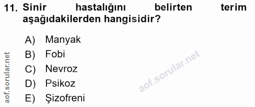 11. soru: Sinir hastaliğını belirten terim aşağıdakilerden hangisidir? A) Manyak net B) Fobi lar. C) Nevroz D) Psikoz aof. E) Ş…