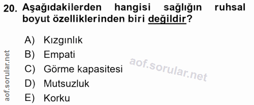 20. soru: Aşağıdakilerden hangisi sağlığın ruhsal boyut özelliklerinden biri değildir? A) Kızgınlık B) Empati C) Görme kapasite…