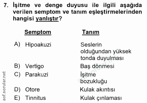 7. soru: İşitme ve denge duyusu ile ilgili aşağıda verilen semptom ve tanım eşleştirmelerinden hangisi yanlıştır? Semptom Tanı…