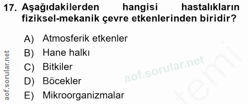17. soru: Aşağıdakilerden hangisi hastalıkların fiziksel-mekanik çevre etkenlerinden biridir? A) Atmosferik etkenler B) Hane ha…