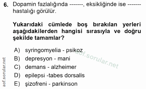 6. soru: Dopamin fazlalığında -, eksikliğinde ise --- hastalığı görülür. Yukarıdaki cümlede boş bırakılan yerleri aşağıdakiler…