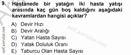 9. soru: ? Hastanede bir yatağın iki hasta yatışı arasında kaç gün boş kaldığını aşağıdaki kavramlardan hangisi açıklar? A) De…