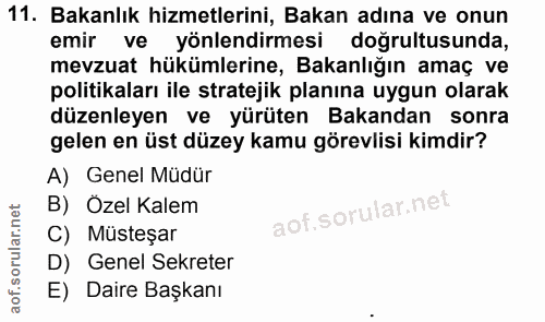 11. soru: Bakanlık hizmetlerini, Bakan adına ve onun emir ve yönlendirmesi doğrultusunda, mevzuat hükümlerine, Bakanlığın amaç…