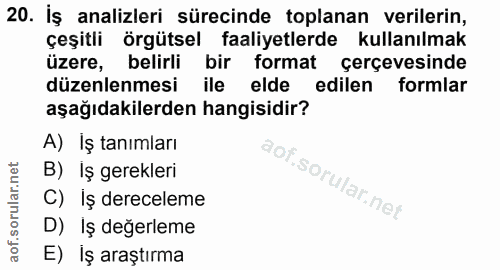 20. soru: Iş analizleri sürecinde toplanan verilerin, çeşitli örgütsel faaliyetlerde kullanılmak üzere, belirli bir format çerç…