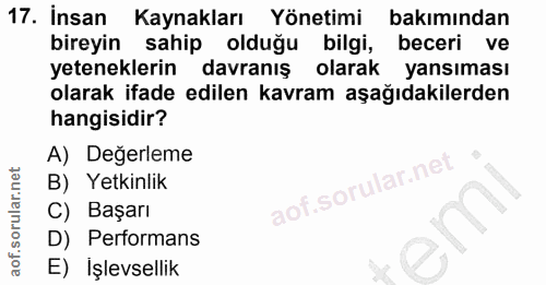 17. soru: Insan Kaynakları Yönetimi bakımından bireyin sahip olduğu bilgi, beceri ve yeteneklerin davranış olarak yansıması ola…