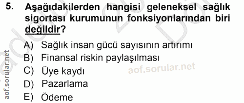 5. soru: Aşağıdakilerden hangisi geleneksel sağlık sigortası kurumunun fonksiyonlarından biri değildir? A) Sağlık insan gücü s…