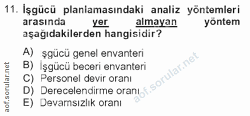 11. soru: İşgücü planlamasındaki analiz yöntemleri arasında yer almayan yöntem aşağıdakilerden hangisidir? A) şgücü genel envan…