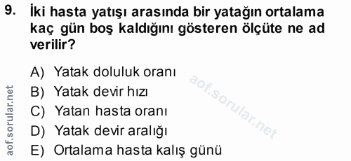 9. soru: İki hasta yatışı arasında bir yatağın ortalama kaç gün boş kaldığını gösteren ölçüte ne ad verilir? A) Yatak doluluk…