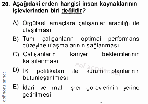 20. soru: Aşağıdakilerden hangisi insan kaynaklarının işlevlerinden biri değildir? A) Orgütsel amaçlara çalışanlar aracılığı il…