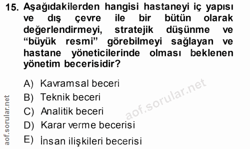 15. soru: Aşağıdakilerden hangisi hastaneyi iç yapısı ve dış çevre ile bir bütün olarak değerlendirmeyi, stratejik düşünme ve "…