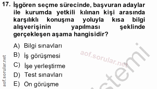 17. soru: İşgören seçme sürecinde, başvuran adaylar ile kurumda yetkili kılınan kişi arasında karşılıklı konuşma yoluyla kısa b…