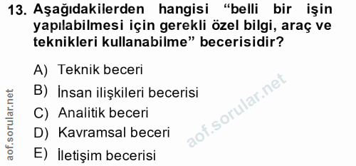 13. soru: Aşağıdakilerden hangisi "belli bir işin yapılabilmesi için gerekli özel bilgi, araç ve teknikleri kullanabilme" becer…