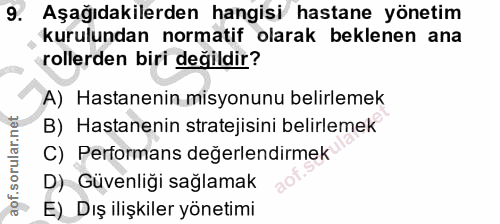 9. soru: Aşağıdakilerden hangisi hastane yönetim kurulundan normatif olarak beklenen ana rollerden biri değildir? A) Hastaneni…
