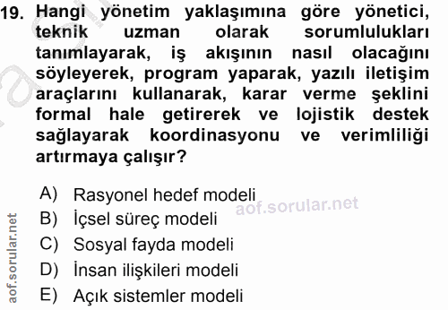 19. soru: Hangi yönetim yaklaşımına göre yönetici, teknik uzman olarak sorumlulukları tanımlayarak, iş akışının nasıl olacağını…