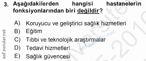 3. soru: Aşağıdakilerden hangisi hastanelerin fonksiyonlarından biri değildir? A) Koruyucu ve geliştirici sağlık hizmetleri B)…