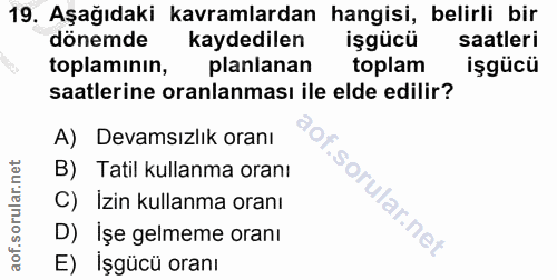 19. soru: Aşağıdaki kavramlardan hangisi, belirli bir dönemde kaydedilen işgücü saatleri toplamının, planlanan toplam işgücü sa…