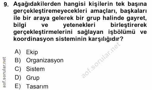 9. soru: Aşağıdakilerden hangisi kişilerin tek başına gerçekleştiremeyecekleri amaçları, başkaları ile bir araya gelerek bir g…