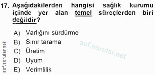 17. soru: Aşağıdakilerden hangisi sağlık kurumu içinde yer alan temel süreçlerden biri değildir? A) Varlığını sürdürme B) Sınır…