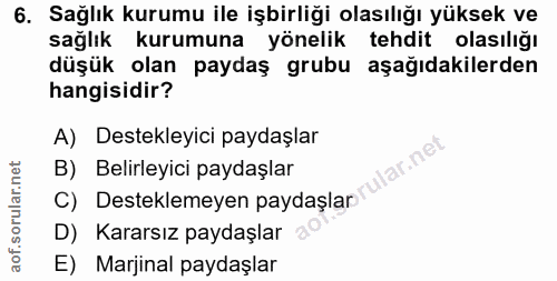 6. soru: Sağlık kurumu ile işbirliği olasılığı yüksek ve sağlık kurumuna yönelik tehdit olasılığı düşük olan paydaş grubu aşağ…