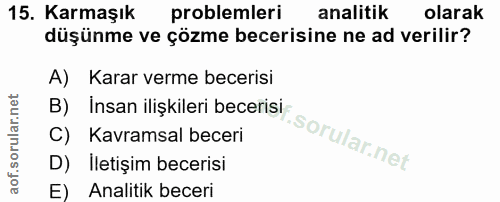 15. soru: Karmaşık problemleri analitik olarak düşünme ve çözme becerisine ne ad verilir? A) Karar verme becerisi B) Insan iliş…