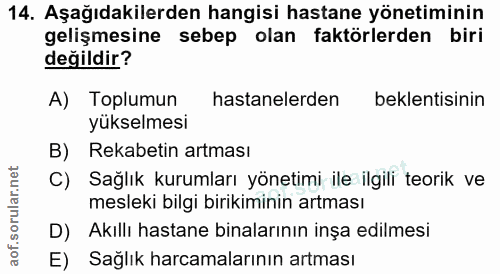 14. soru: Aşağıdakilerden hangisi hastane yönetiminin gelişmesine sebep olan faktörlerden biri değildir? A) Toplumun hastaneler…