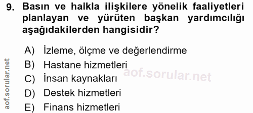 9. soru: Basın ve halkla ilişkilere yönelik faaliyetleri planlayan ve yürüten başkan yardımcılığı aşağıdakilerden hangisidir?…