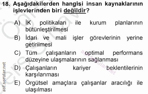 18. soru: Aşağıdakilerden hangisi insan kaynaklarının işlevlerinden biri değildir? A) IK politikaları ile kurum planlarının büt…