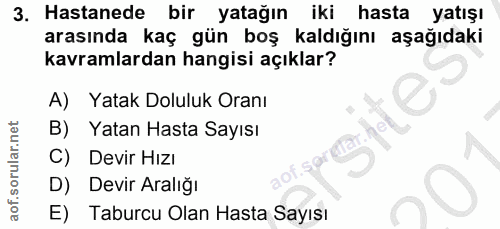 3. soru: Hastanede bir yatağın | iki hasta yatışı arasında kaç gün boş kaldığını aşağıdaki kavramlardan hangisi açıklar? A) Ya…