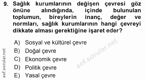 9. soru: Sağlık kurumlarının değişen çevresi göz önüne alındığında, içinde bulunulan toplumun, bireylerin inanç, değer ve norm…