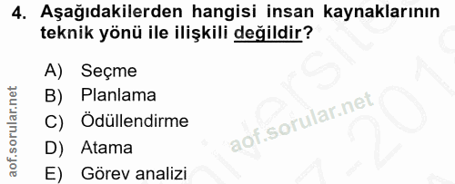 4. soru: Aşağıdakilerden hangisi insan kaynaklarının teknik yönü ile ilişkili değildir? A) Seçme B) Planlama C) Ödüllendirme D…