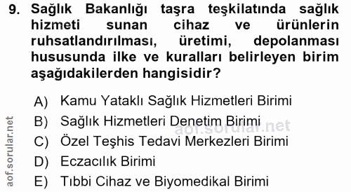 9. soru: Sağlık Bakanlığı taşra teşkilatında sağlık hizmeti sunan cihaz ve ürünlerin ruhsatlandırılması, üretimi, depolanması…