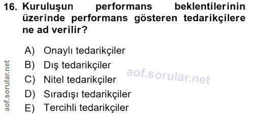 16. soru: Kuruluşun performans beklentilerinin üzerinde performans gösteren tedarikçilere ne ad verilir? A) Onaylı tedarikçiler…