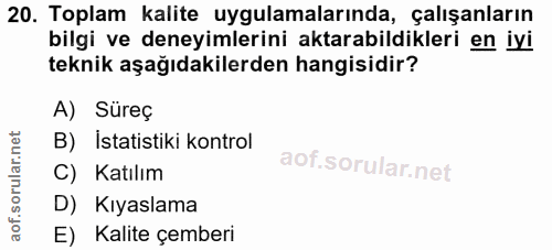20. soru: Toplam kalite uygulamalarında, çalışanların bilgi ve deneyimlerini aktarabildikleri en iyi teknik aşağıdakilerden han…