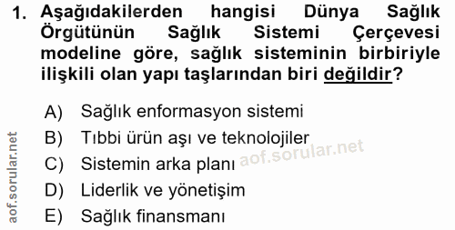 1. soru: Aşağıdakilerden hangisi Dünya Sağlık Örgütünün Sağlık Sistemi Çerçevesi modeline göre, sağlık sisteminin birbiriyle i…