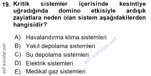 19. soru: Kritik sistemler içerisinde kesintiye uğradığında domino etkisiyle ardışık zayiatlara neden olan sistem aşağıdakilerd…