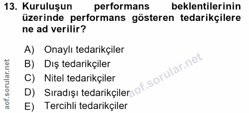 13. soru: Kuruluşun performans beklentilerinin üzerinde performans gösteren tedarikçilere ne ad verilir? A) Onaylı tedarikçiler…