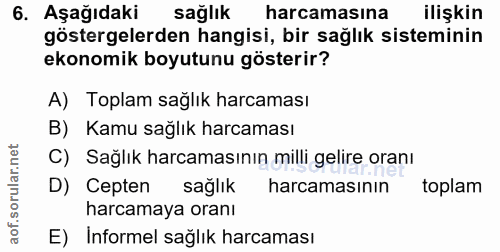 6. soru: Aşağıdaki sağlık harcamasına ilişkin göstergelerden hangisi, bir sağlık sisteminin ekonomik boyutunu gösterir? A) Top…