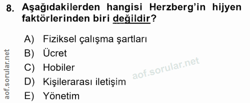 8. soru: Aşağıdakilerden hangisi Herzberg'in hijyen faktörlerinden biri değildir? A) Fiziksel çalışma şartları B) Ücret C) Hob…