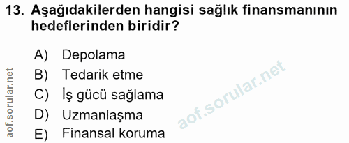 13. soru: Aşağıdakilerden hangisi sağlık finansmanının hedeflerinden biridir? A) Depolama B) Tedarik etme lar.n C) Iş gücü sağl…