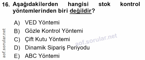 16. soru: Aşağıdakilerden hangisi stok kontrol yöntemlerinden biri değildir? A) VED Yöntemi B) Gözle Kontrol Yöntemi lof. C) Çi…