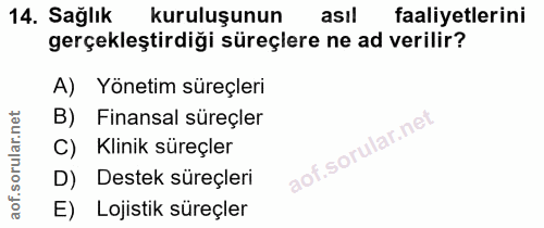 14. soru: Sağlık kuruluşunun asıl faaliyetlerini gerçekleştirdiği süreçlere ne ad verilir? A) Yönetim süreçleri B) Finansal sür…