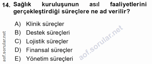 14. soru: Sağlık kuruluşunun asıl faaliyetlerini gerçekleştirdiği süreçlere ne ad verilir? A) Klinik süreçler B) Destek süreçle…