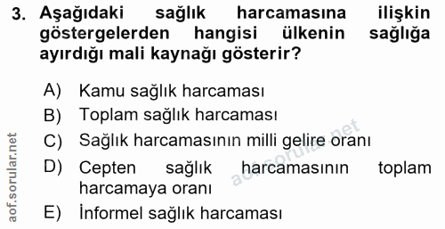 3. soru: Aşağıdaki sağlık harcamasına ilişkin göstergelerden hangisi ülkenin sağliğa ayırdığı mali kaynağı gösterir? A) Kamu s…