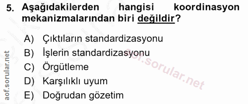 5. soru: Aşağıdakilerden hangisi koordinasyon mekanizmalarından biri değildir? A) Çıktıların standardizasyonu B) Işlerin stand…