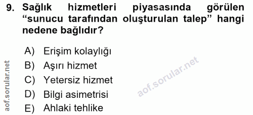 9. soru: Sağlık hizmetleri piyasasında görülen "sunucu tarafından oluşturulan talep" hangi nedene bağlıdır? A) Erişim kolaylığ…