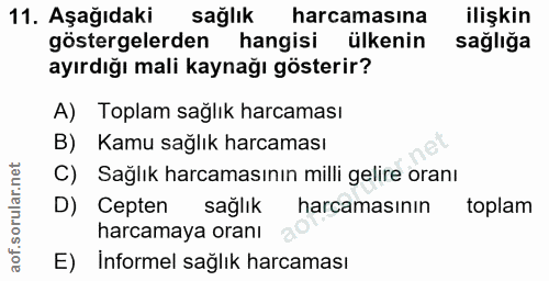 11. soru: Aşağıdaki sağlık harcamasına ilişkin göstergelerden hangisi ülkenin sağlığa ayırdığı mali kaynağı gösterir? A) Toplam…